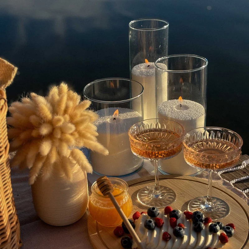 Lucid Sand Refill refillable pearled sand candle wax pearls in glass cylinders, clean-burning candlelight on a cozy tabletop
