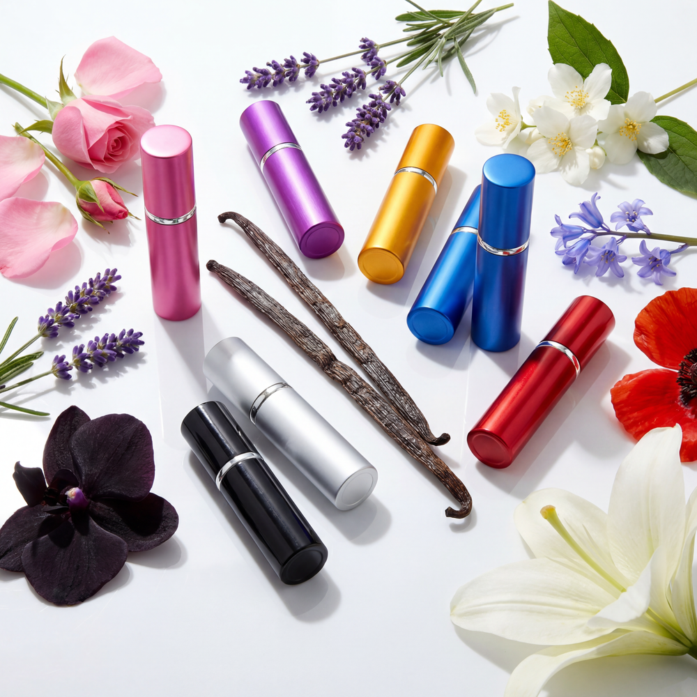 Alt Tag: Custom Blended Perfume Subscription sample spray bottles with vanilla pods, lavender, roses, and lilies on white background